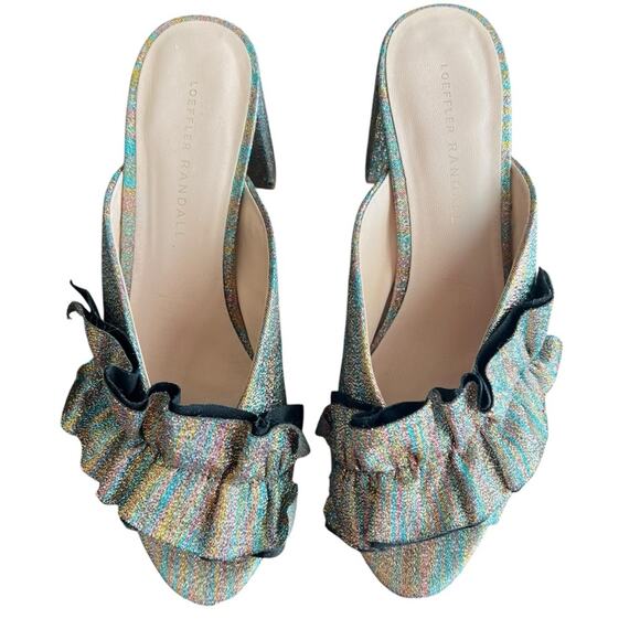 Loeffler Randall Esme Rainbow Ruffle Slide Open Toe Metallic Block Heel Sandals - Picture 4 of 12